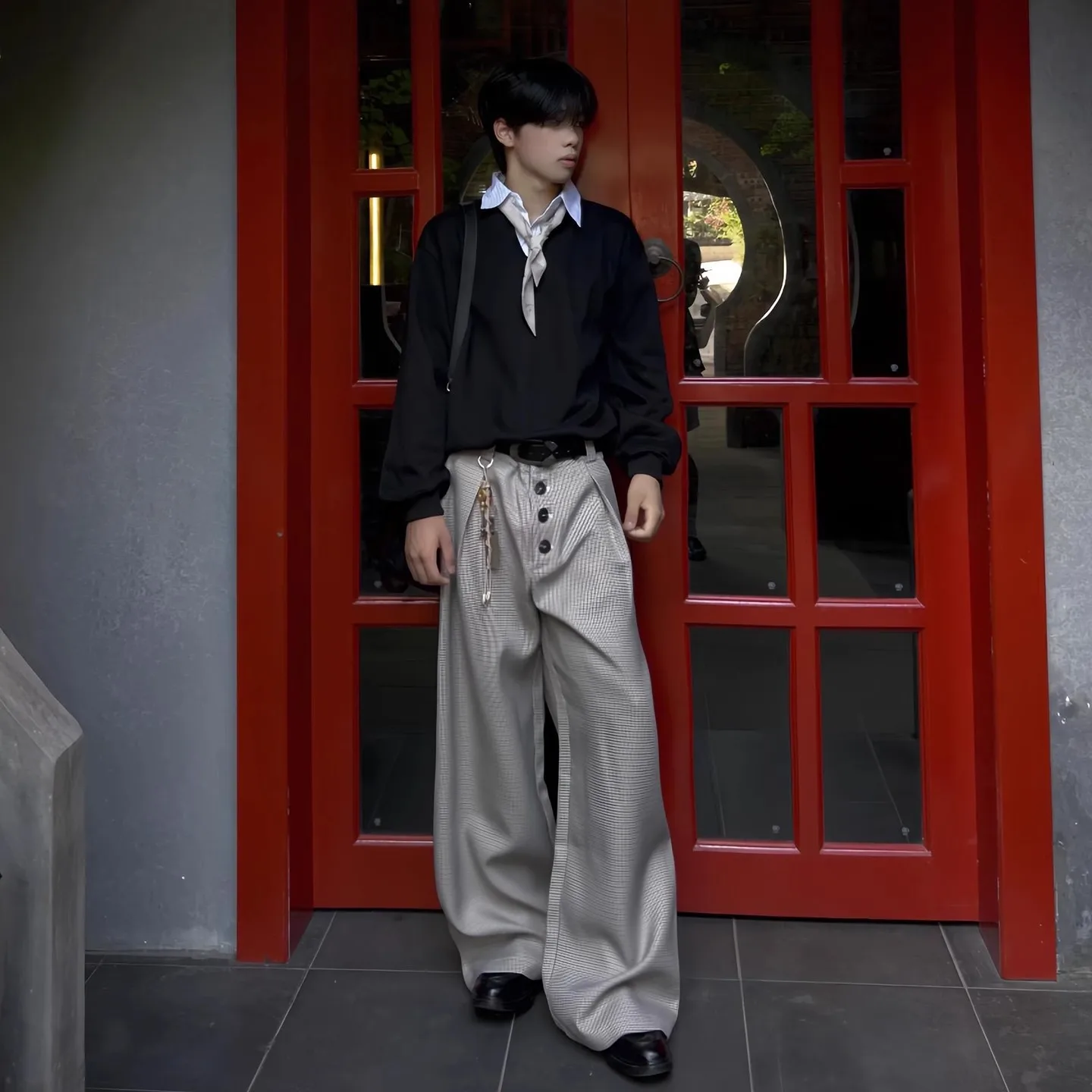 

Men's Casual Trendy Simple Basic Loose Wide Leg Straight Houndstooth Trousers Male 2026 New Fashion A-line Suit Pants Clothes