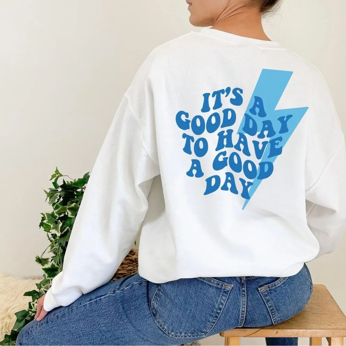 

It's A Good Day To Have A Good Day Back Print Sweatshirt Funny Lightning Bolt Pullovers Hoodies Women Trendy Vintage Streetwear