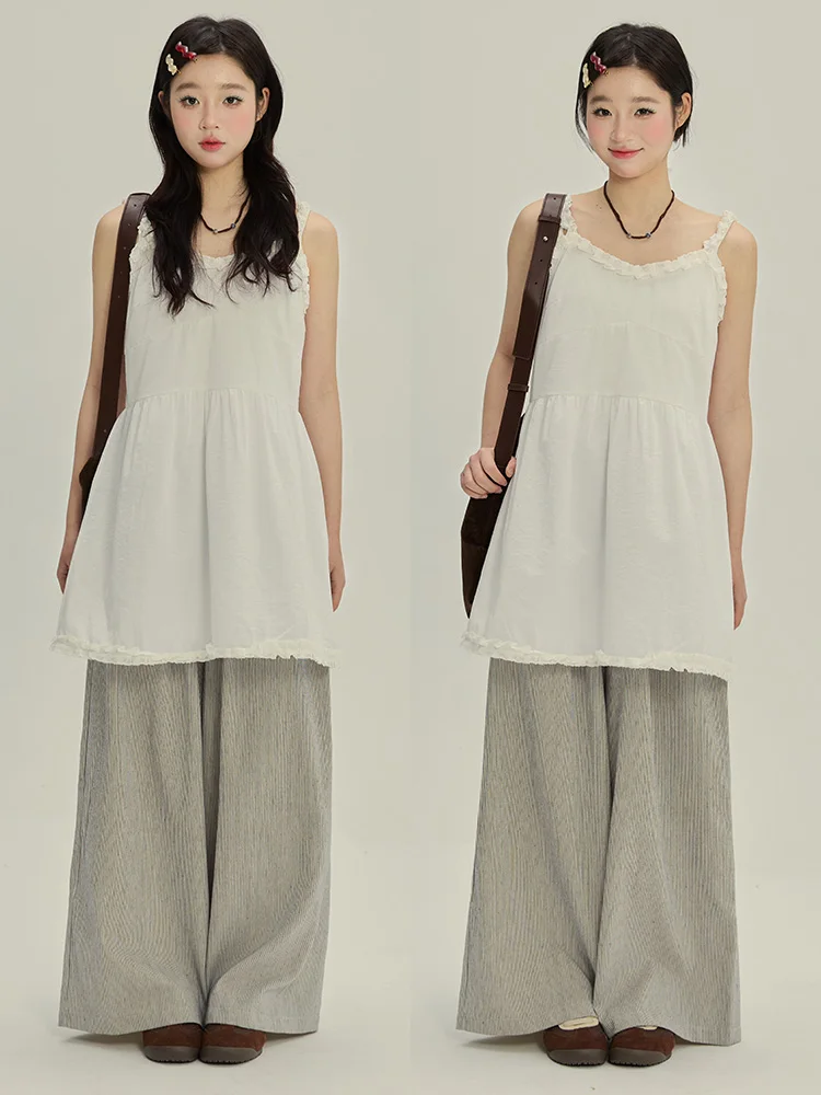 

VOUSALME Summer Lace Trim White Strap Dr Casual Waist Cinched Midi Skirt Loose Fit Cotton Single Piece Thin Fabric Pure Color