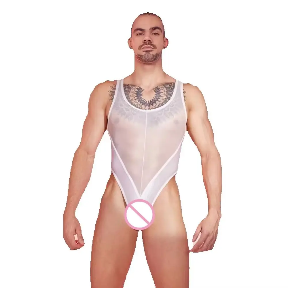 

Men's Sexy Lingerie thin See Through Bodysuit Oil Glossy adult Swimsuit Elastic Jumpsuits Undershirt Muscle Tops Night Club Wear