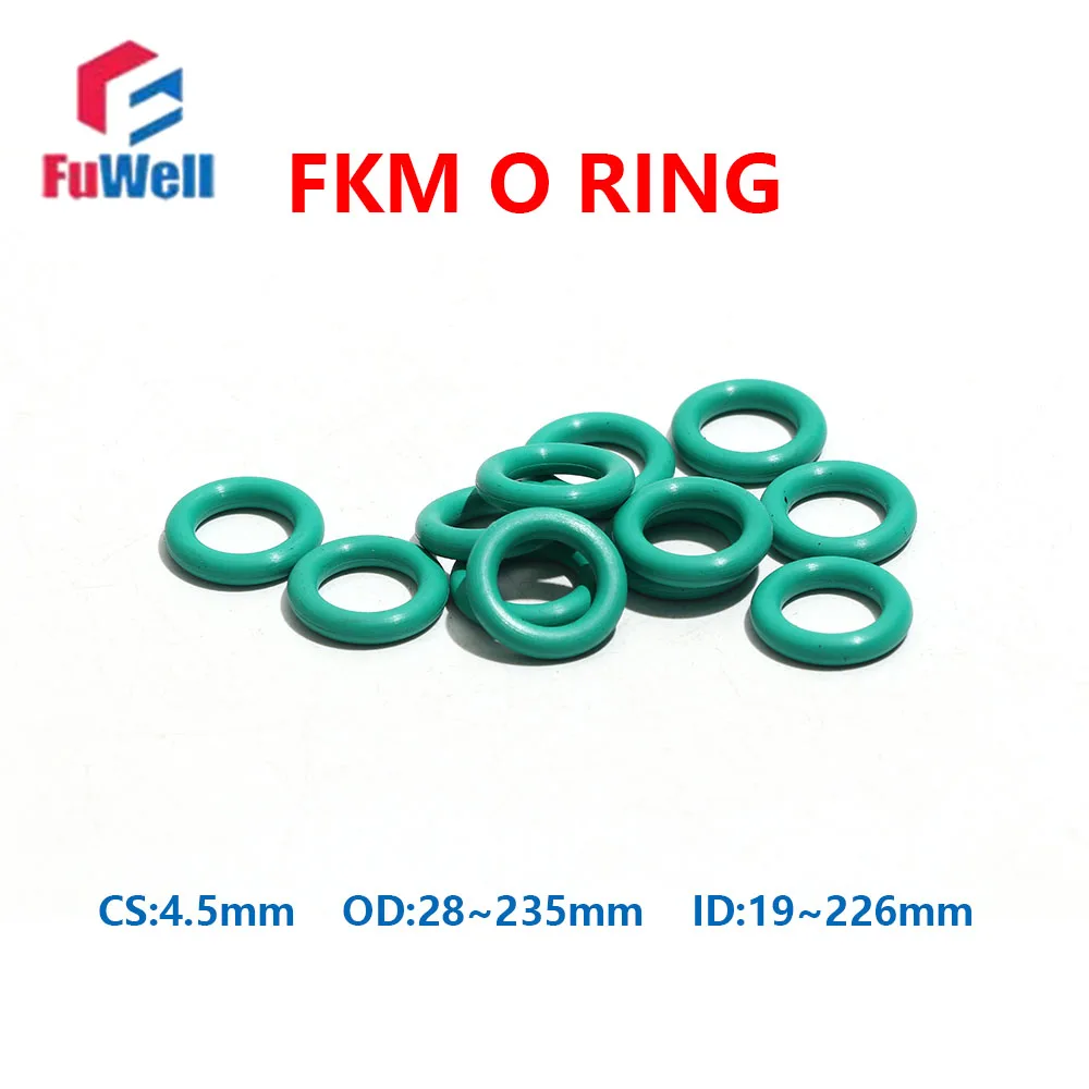

Fuwell 10/50pcs Oil Acid Alkali Resistant O-ring Washer FKM FPM Spacer CS 4.5mm Green Fluororubber Oring Seal Gasket OD 28~170mm