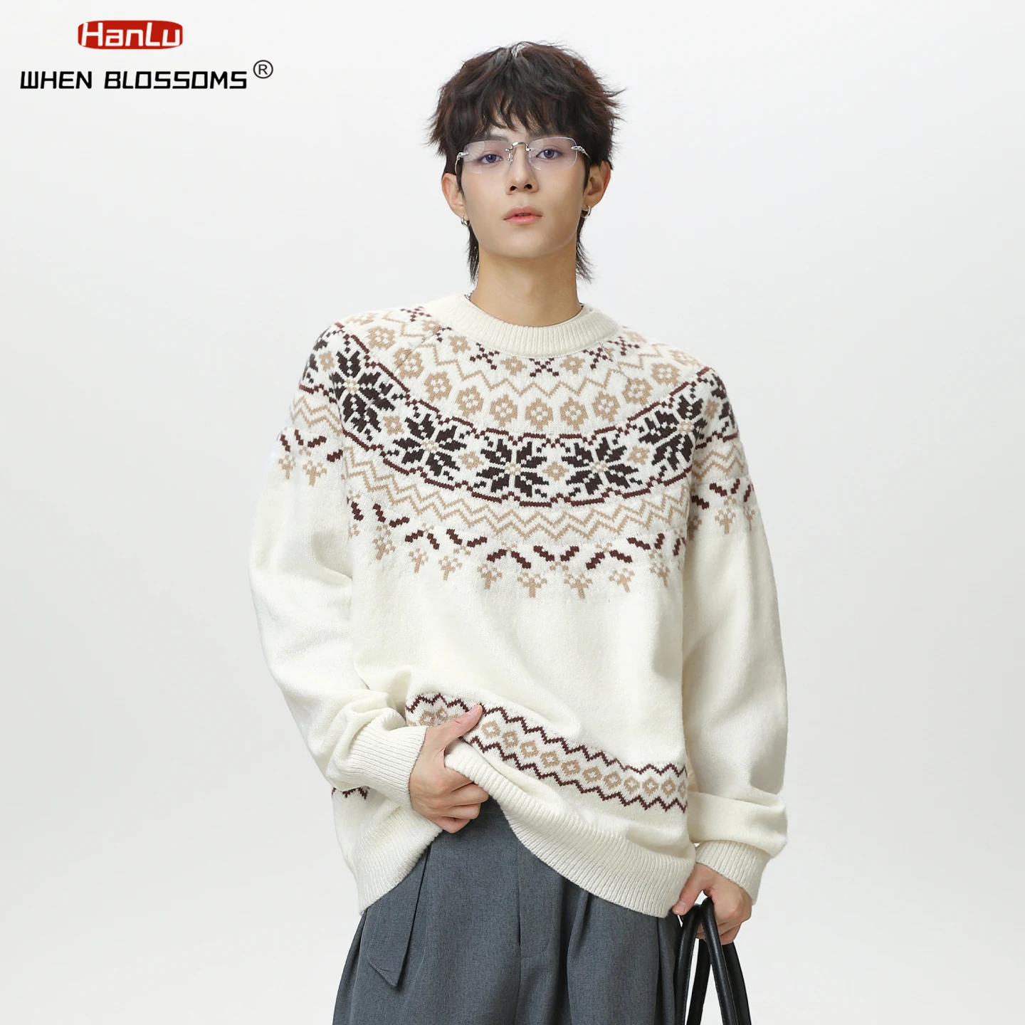 

Hanlu 2025 Men's Fair Isle Sweater Vintage American Style Textured Knitwear Oversized Casual Crewneck Pullover