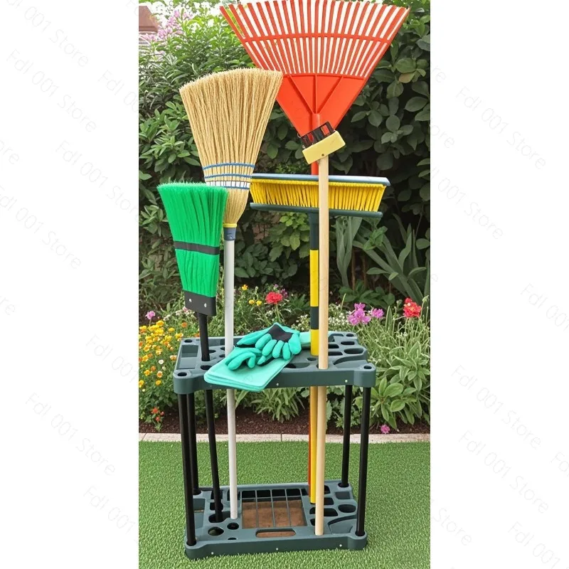 Floor Standing Garden Tool Organizer Rack with  for Mop Broom Outdoor Garage Shed