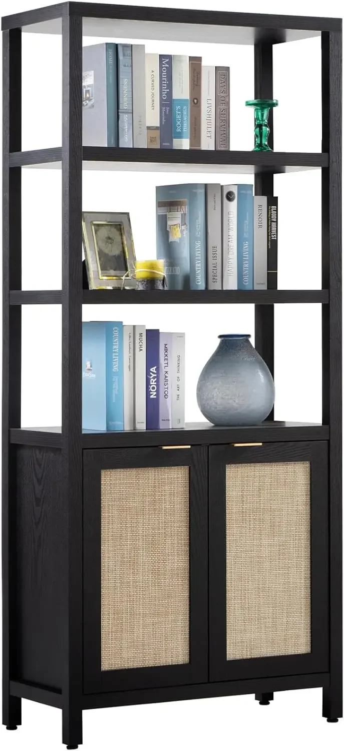 Bookshelf 5 Tier Book Shelf Rattan Boho Tall Bookcase with Doors Storage Wood Shelves Large Bookshelves Farmhouse