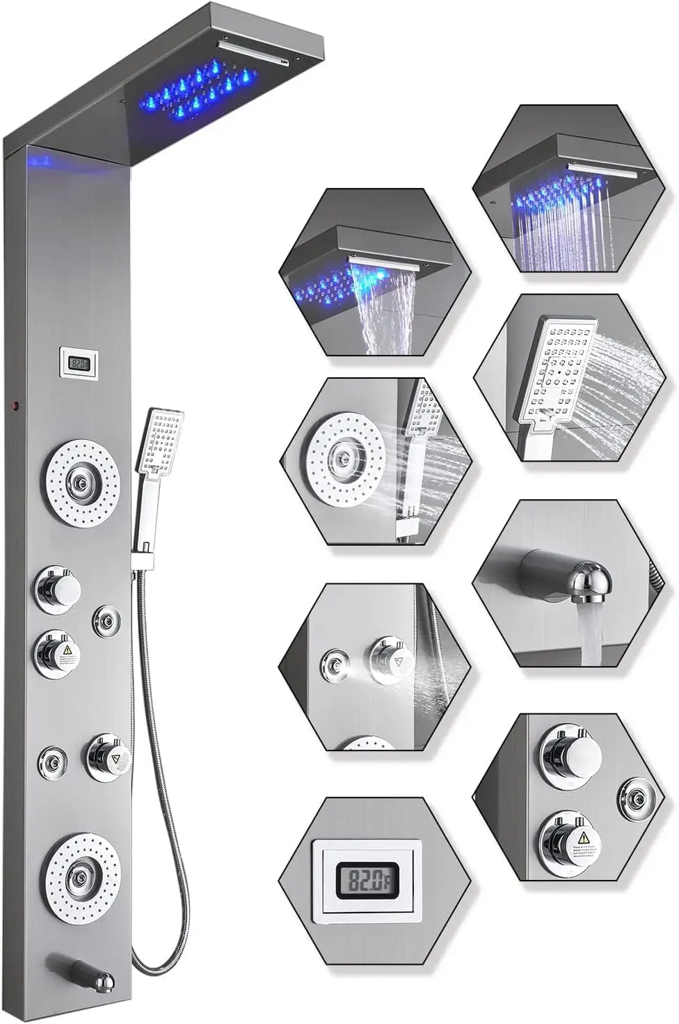 Edelstahl-Duschpaneel, Turmsystem, LED-Regenwasserfall-Duschkopf, 6-Funktions-Wasserhahn, Regenmassagesystem mit BodyJets