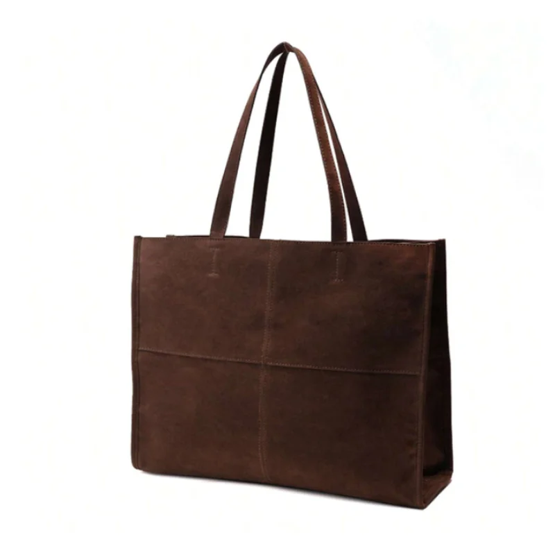 

High-quality Retro Frosted Shoulder Bag Women's Large Capacity Tote Bag Brown Solid Color Handbag Simple Stitching Decoration