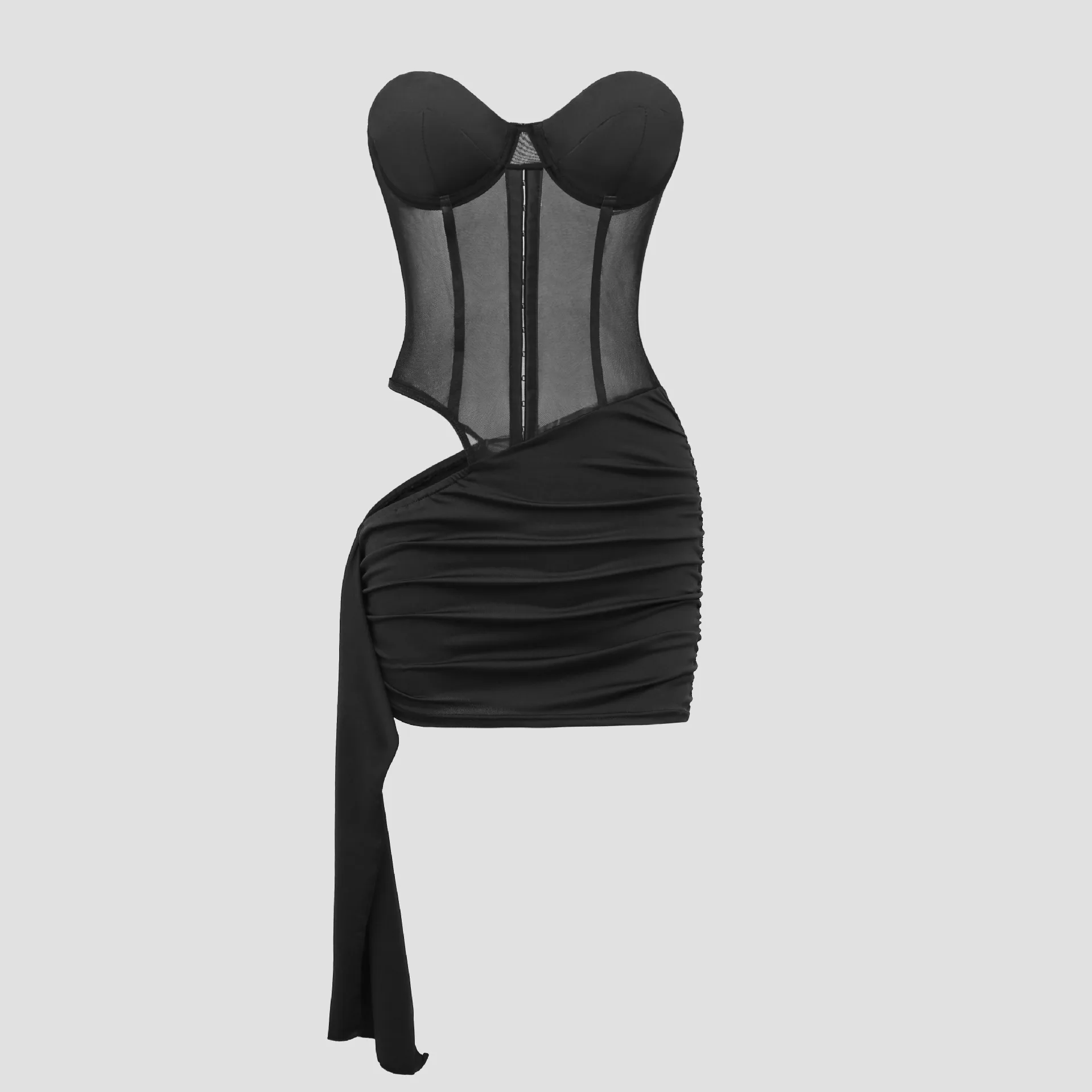 Bangniweigou sexy seitlich schulterfrei schlankes kurzes schwarzes Kleid für Damen, Mesh-Patchwork-Band, drapiert, Party-Robe