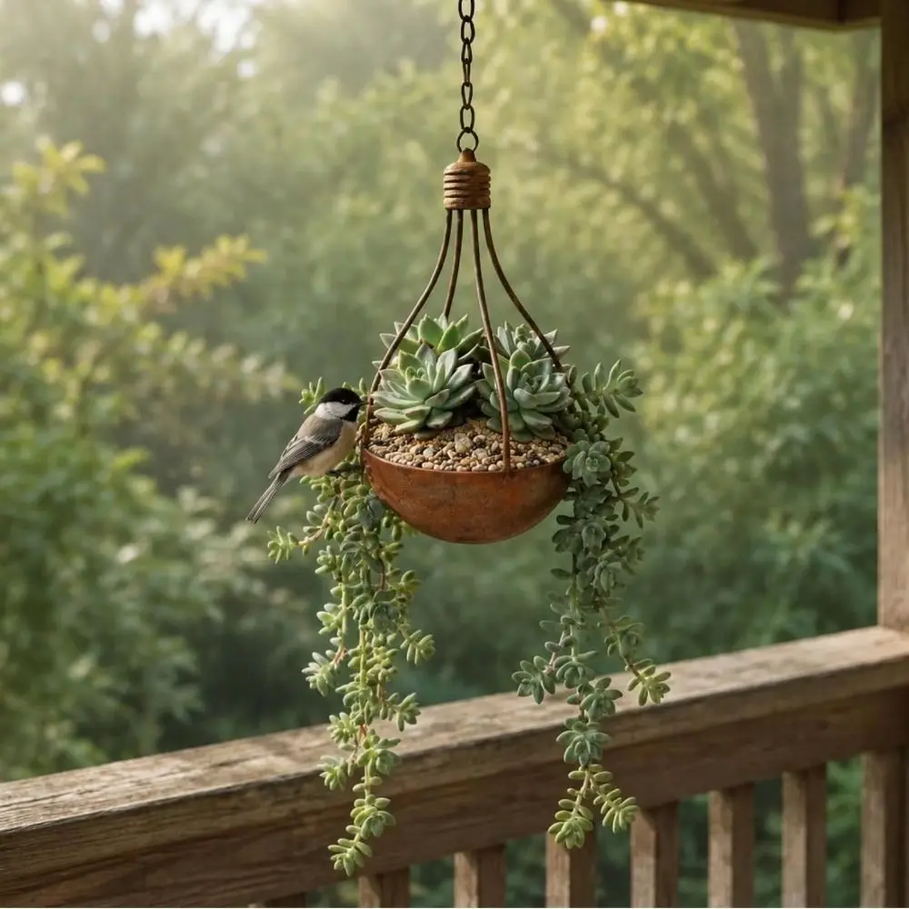 Iron Rusted Finish Light Bulb Planter Decorative Space Saving Hanging Flower Vase Lightweight