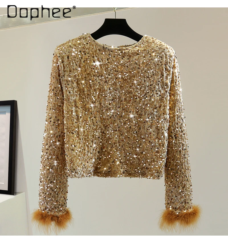 

Winter Sequins Short Bottoming Shirt Inner Wear 2024 Spring New Women Round Neck Feather Stitching Zipped Gold Velvet T-shirts