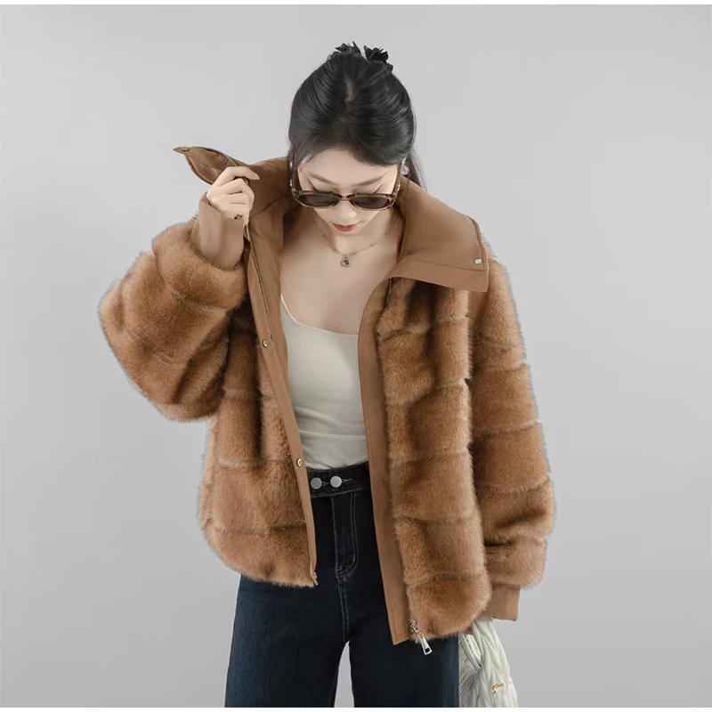 

Women Leather Patchwork Faux Fur Jacket Chic Casual Fluffy Long-sleeve Zipper Loose Coat 2025 Lady Winter Daily Street Outerwear