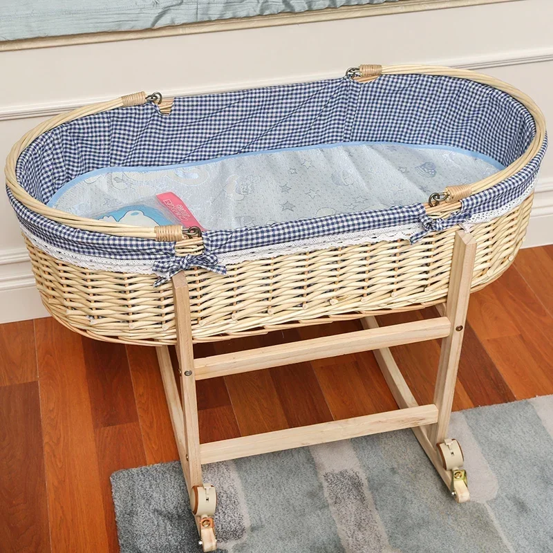 Cradle Bed Woven Rattan Newborn Baby Basket Portable Carrying Basket Baby Crib Solid Wood Car Hand-held Blue Wheel Mosquito Net