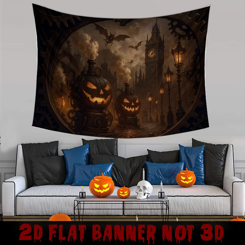 Steampunk Pumpkin Mechanism Tapestry - Industrial Gothic Halloween Background, Suitable for Indoor Party Decor
