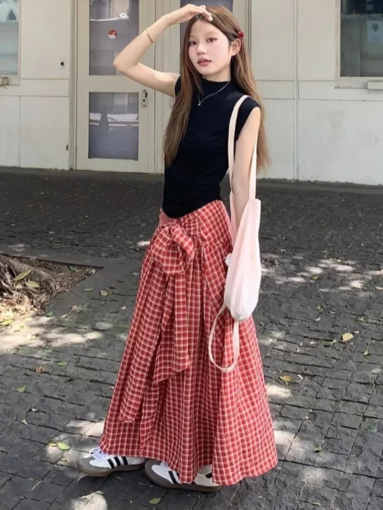 الكورية نمط الأحمر منقوشة تنورة المرأة خمر Y2k القوس تنورة طويلة Harajuku الشارع موضة ريترو كشكش التنانير جماليات