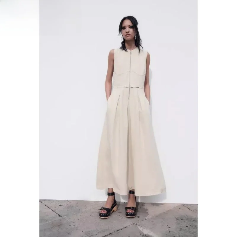 Spring Summer 2024 Women's Slimming A-Line Dr Zipper Svel Waist-Cinching Korean Sle Casual Faion Ladies' Gown