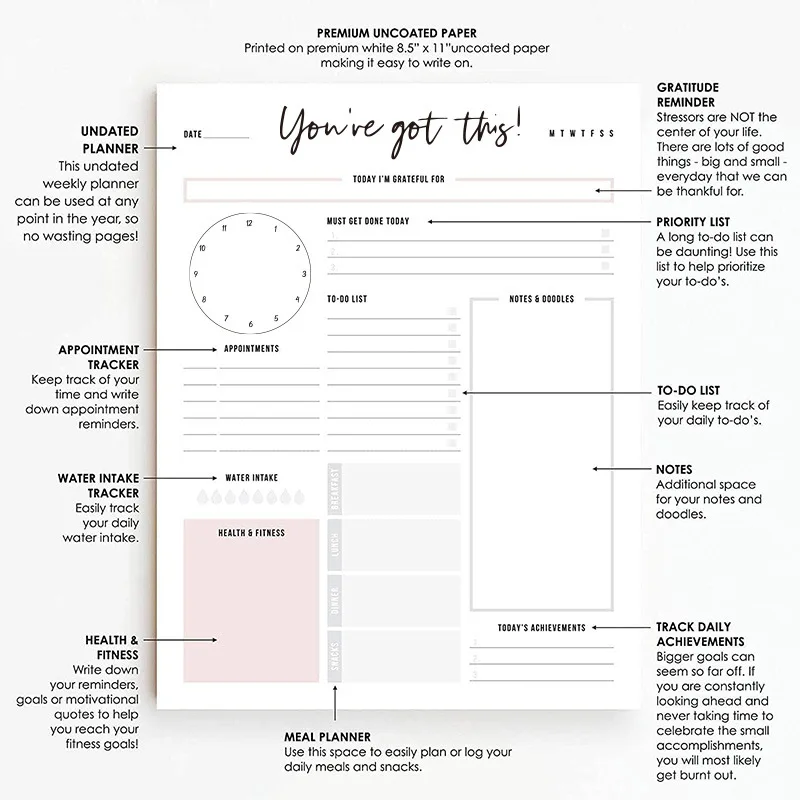 Daily Planner, Organizer, Scheduler, Productivity Tracker for Organizing Appointments, Notes & to-Do Lists