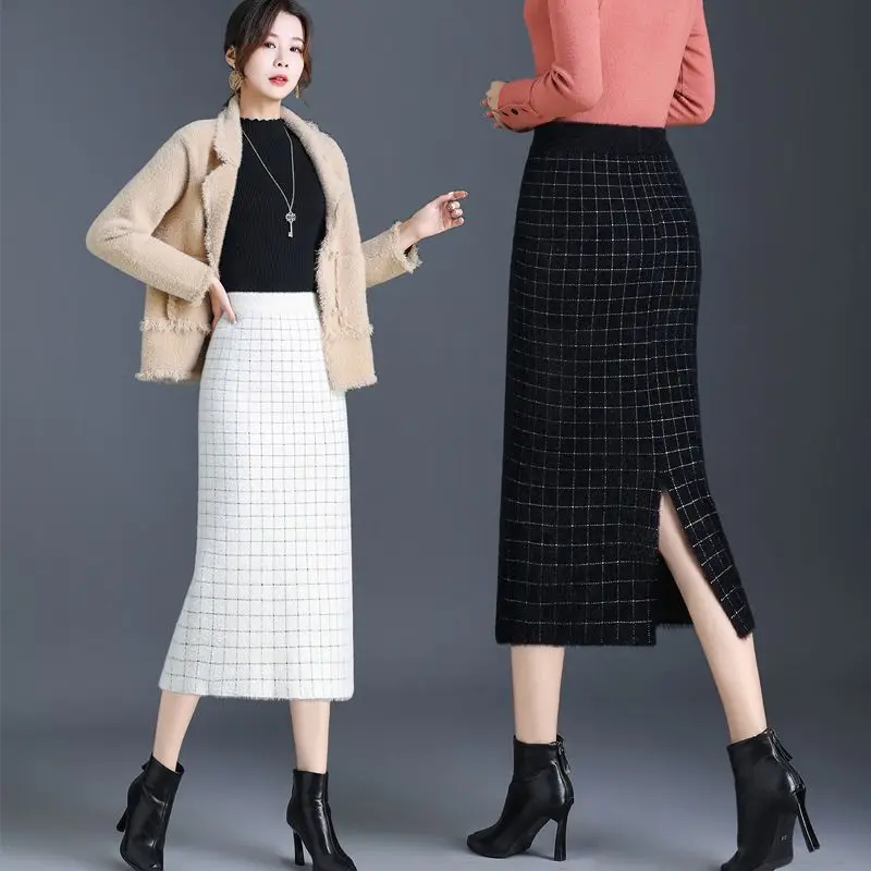 

Fall Winter Skirt Womens Spliced Flocking Plaid Print Thick Woolen Glitter Tweed 2024 New Elegant s Feminina T107