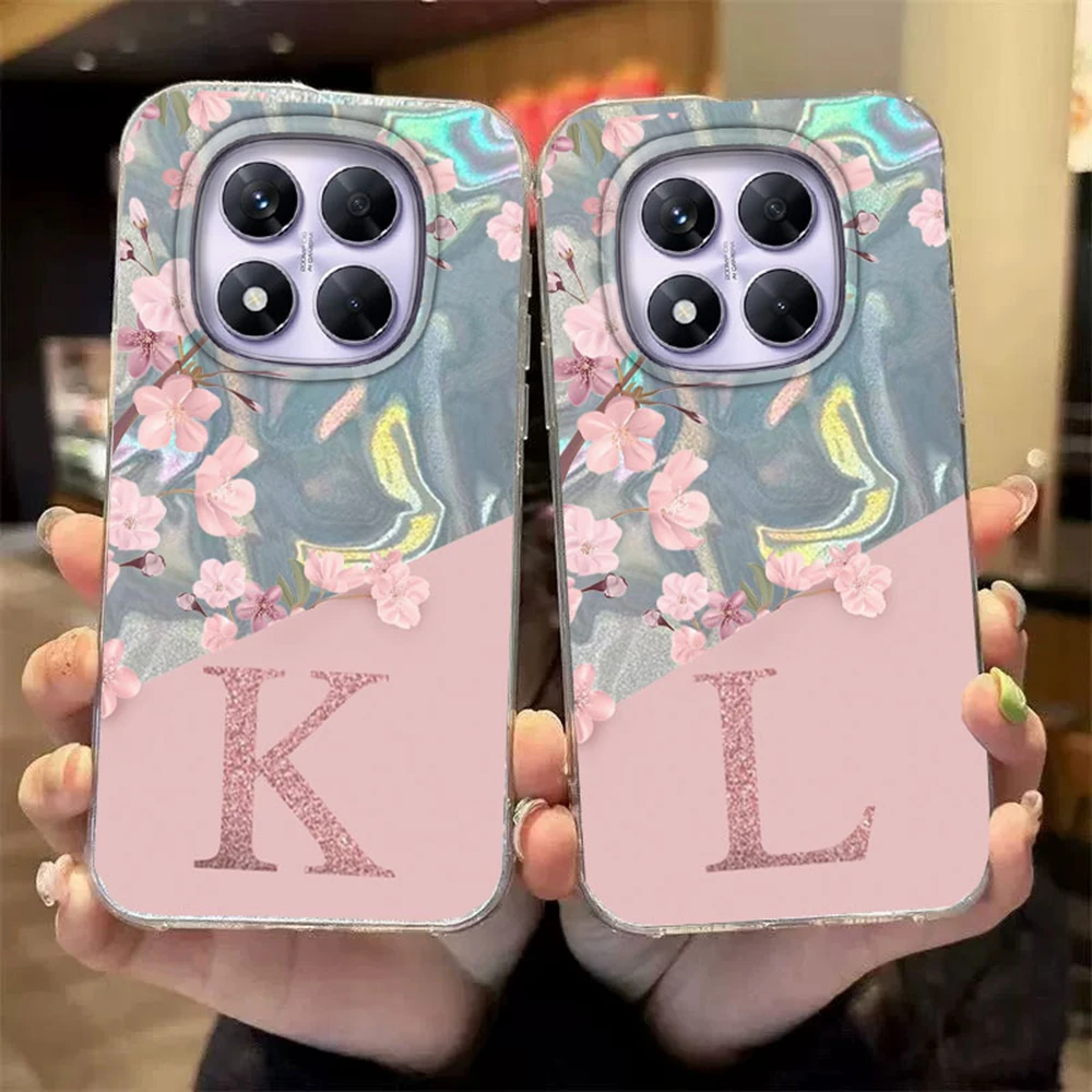 Initial Buchstabe A Z Hülle für Xiaomi Redmi 13T 14T Note 13 14 Pro Plus 5G Poco X6 Cover Rosa Blumen Silikon Rückseite Fundas Bumper