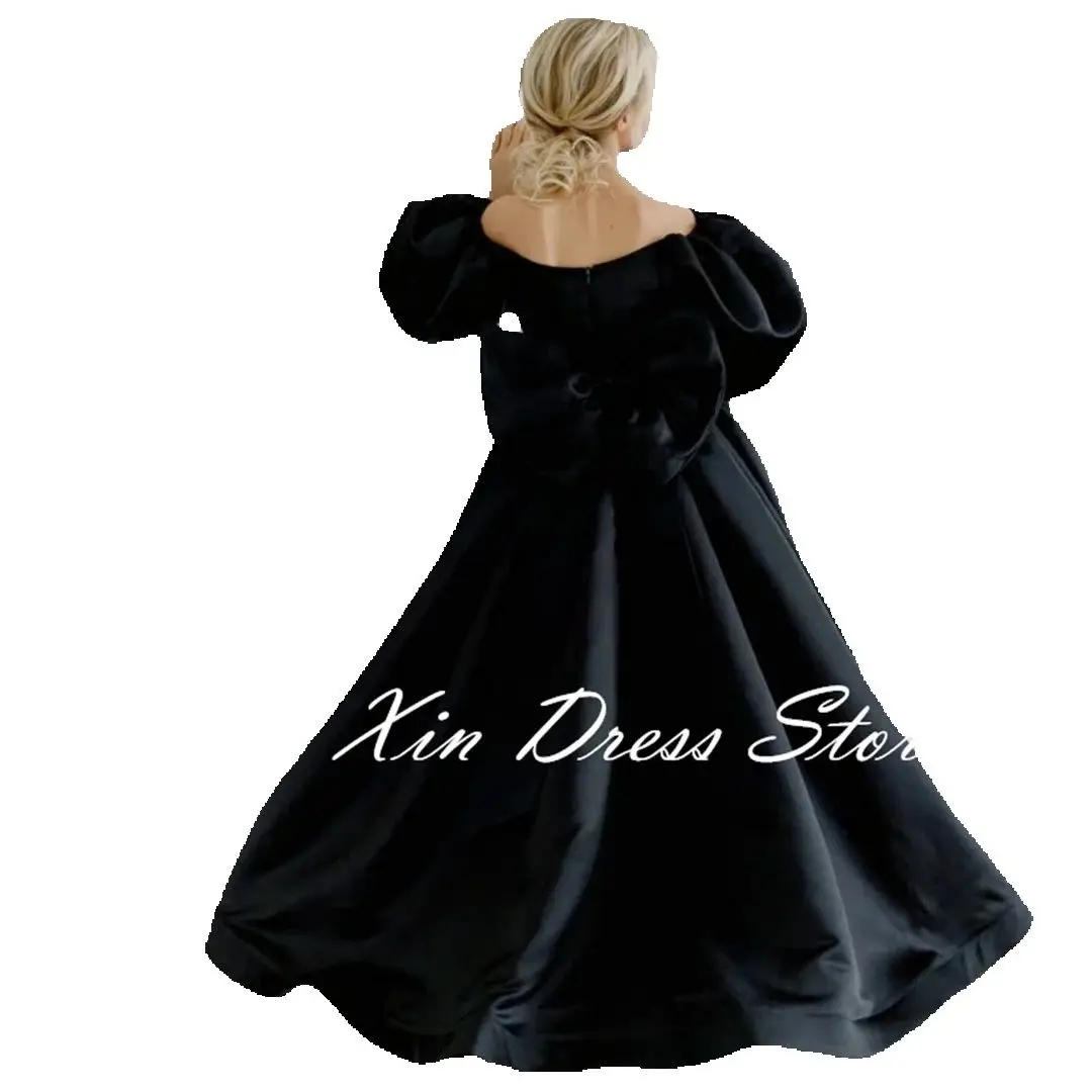 Robes de demoiselle d'honneur noires, satin blanc, ceinture avec nœud, manches courtes pour mariage, anniversaire, banquet, princesse, quoi que ce soit