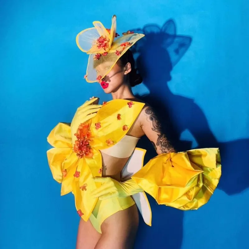 Klub nocny Bar Wiodący taniec Seksowny Żółty Kwiat Bikini Rękawiczki Strój do występów Festiwal Impreza Pokaz Kostium Drag Queen