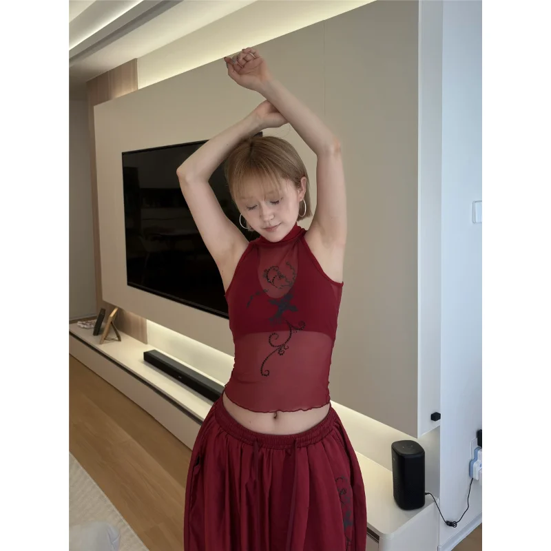 Original American Spicy Girl Light Asian Style Printed Rhinestone Mesh Half High Collar Top Jazz Women's Fashion Casual Wear