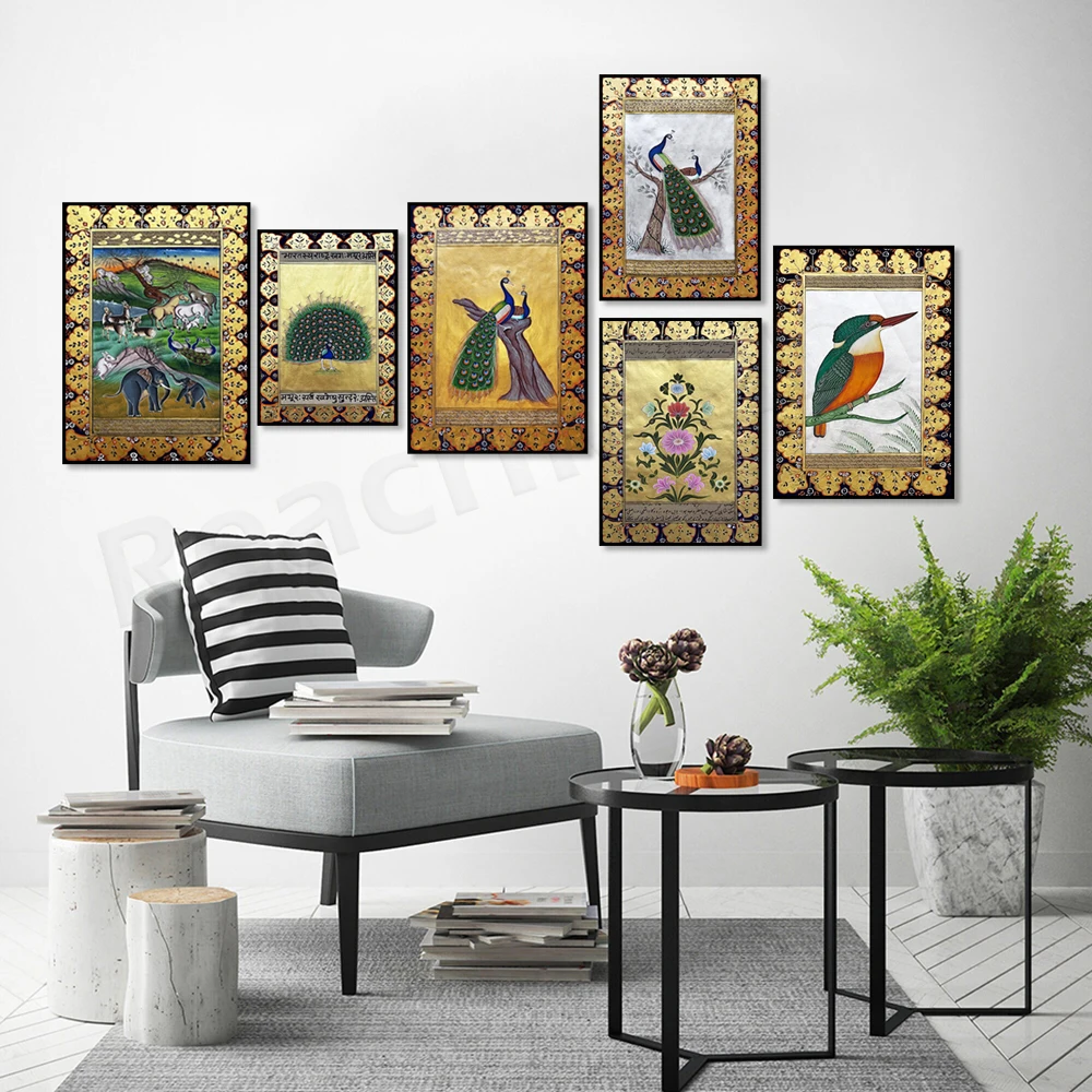 Zoo Jungle Persian Art Indian Islam Poster, Mughal Flowers, Peacock Bird, Kingfisher Persian Theme Bird Wall Art Decoration