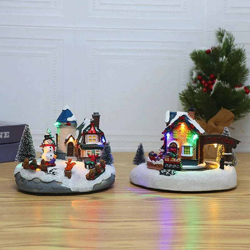 Christmas Revolving Train Kids Ski Snow Scene House Statue Luminous LED Music Snowman Xmas Tree Ornaments Home Decoration Crafts