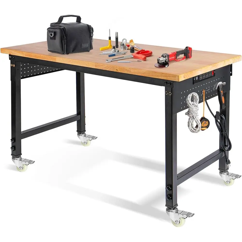 48 منضدة عمل ذات قوة صناعية على عجلات، سعة 2000 رطلاً، طاولة خشبية مطاطية مع منافذ طاقة ولوح بيجب لورش العمل أ #1