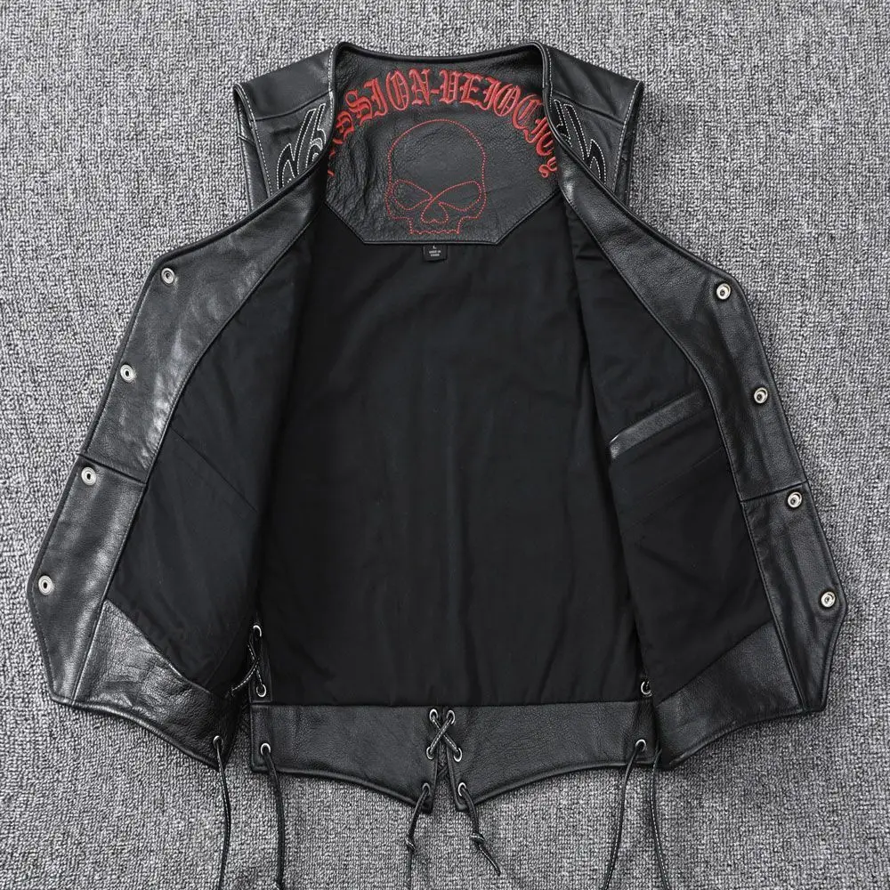 Black Four Seasons Leather Vest Men Plus Size 4XL Genuine Natural Cowhide Skull Embroidery Pattern Single Breasted Vest