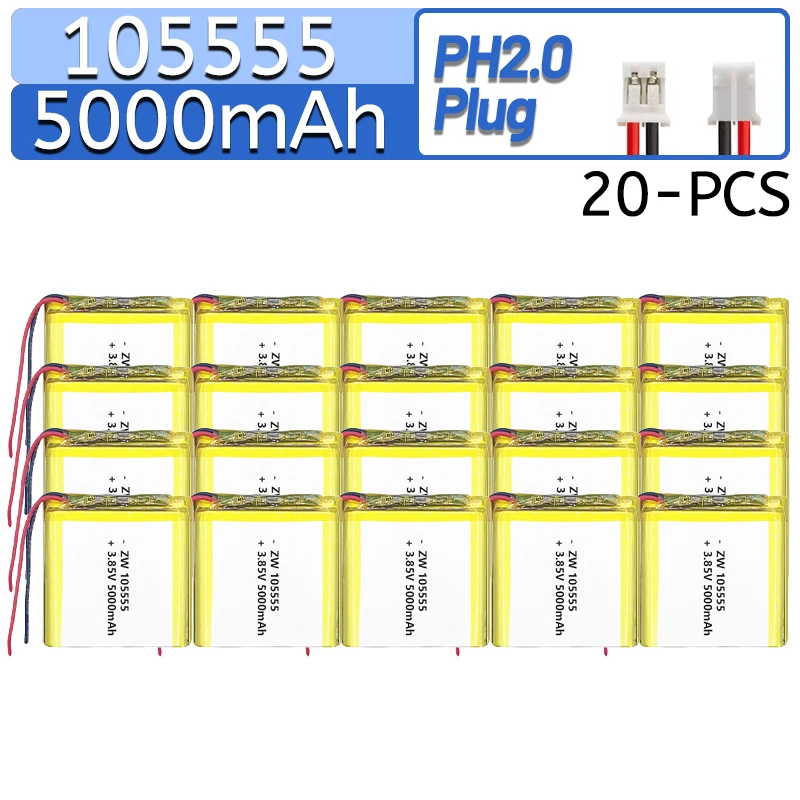 

1-20PCS 3.7V 5000mAh 105555 Rechargeable Lithium Li-ion Li Polymer Battery For Mp3 Mp4 Smart Watch Speaker