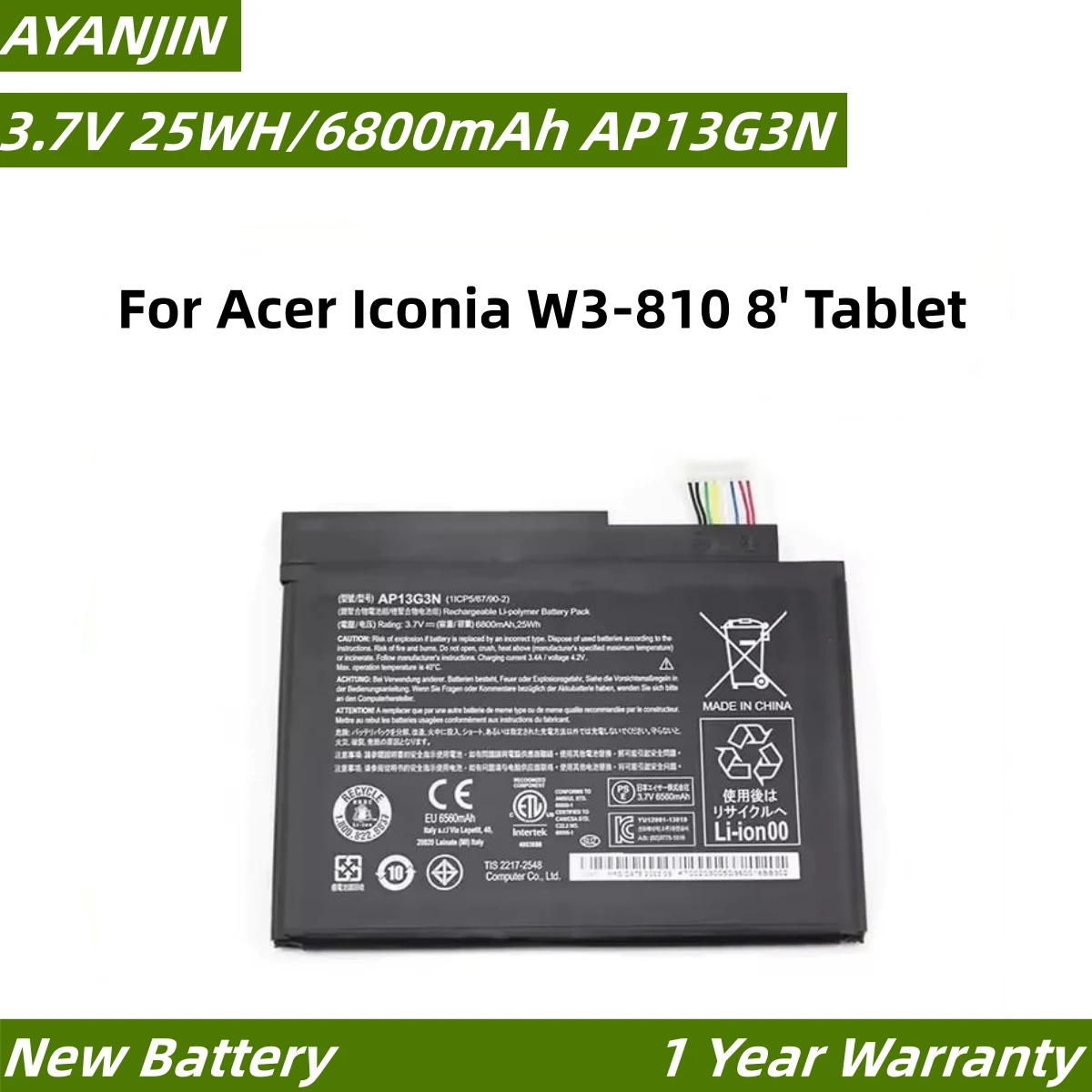 3.7V 25Wh 6800mAh AP13G3N Battery For Acer Aspire Iconia W3-810 Tablet 8 Series Tablet