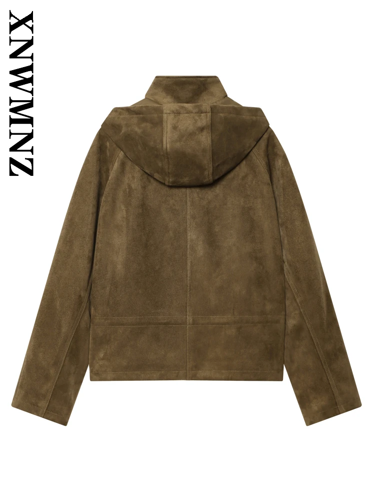 XNWMNZ 2025 Otoño señora desplazamientos moda manga larga con capucha cuello chaqueta de gamuza Vintage Simple invierno mujer marrón abrigo Casual