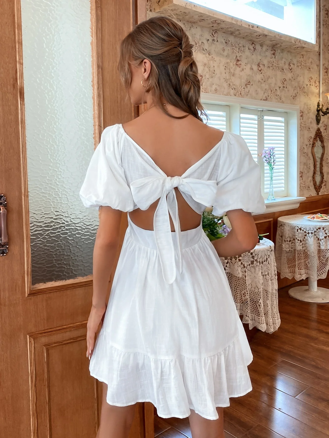 White Summer Dress Backless Lace Up Ruffles Ruched Solid Tie Back Flounce Dress Puff Sleeve Elegant Dress