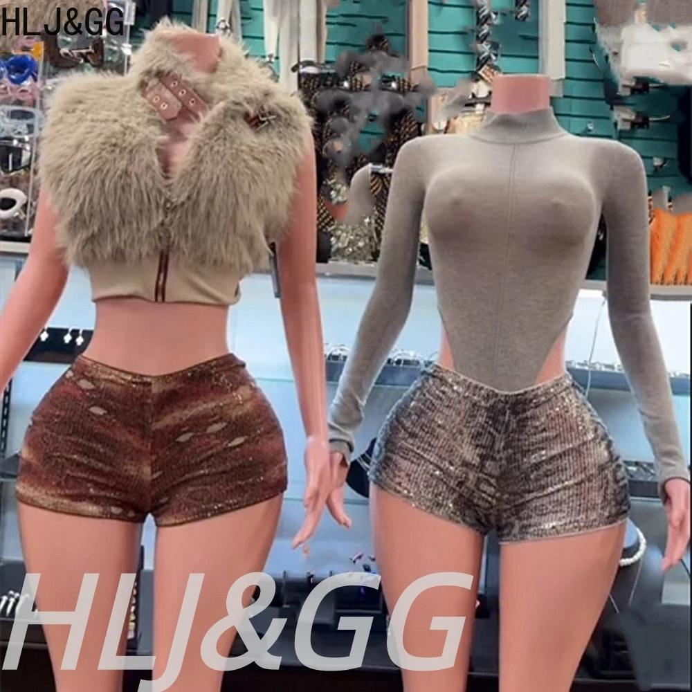 

Модный кожаный жилет с меховыми вставками HLJ&GG, комплект из двух предметов: укороченный топ без рукавов на молнии + шорты с леопардовыми пайетками, уличный стиль