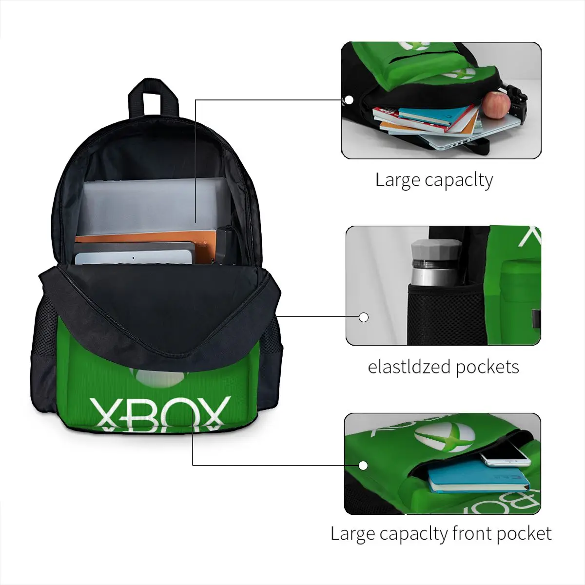 Green Xbox Logo Backpacks Boys Girls Bookbag Students School Bags Cartoon Kids Rucksack Laptop Rucksack Shoulder Bag