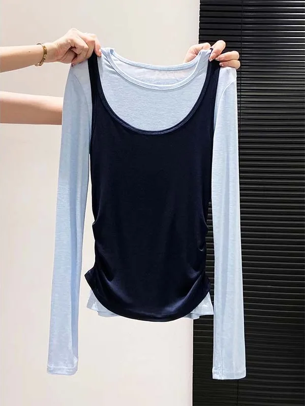 Conjunto de Camiseta de Manga Larga Color Blo para Mujer, Estilo Coreano, Informal, Sencillo, con Cintura Plegada, Estiliza la Figura, para Otoño