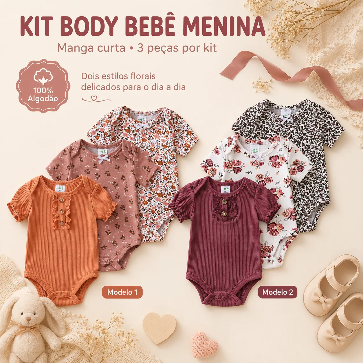 Kit Body Bebê Menina 3 Peças Manga Curta Estampado Roupa Infantil Enxoval Recém-Nascida 4 Modelos