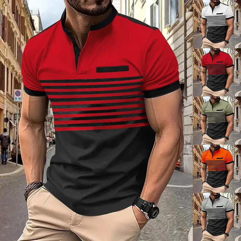 Cross-border Amazon Polo shirt Zipper casual men's printed striped loose short sleeve polo shirt