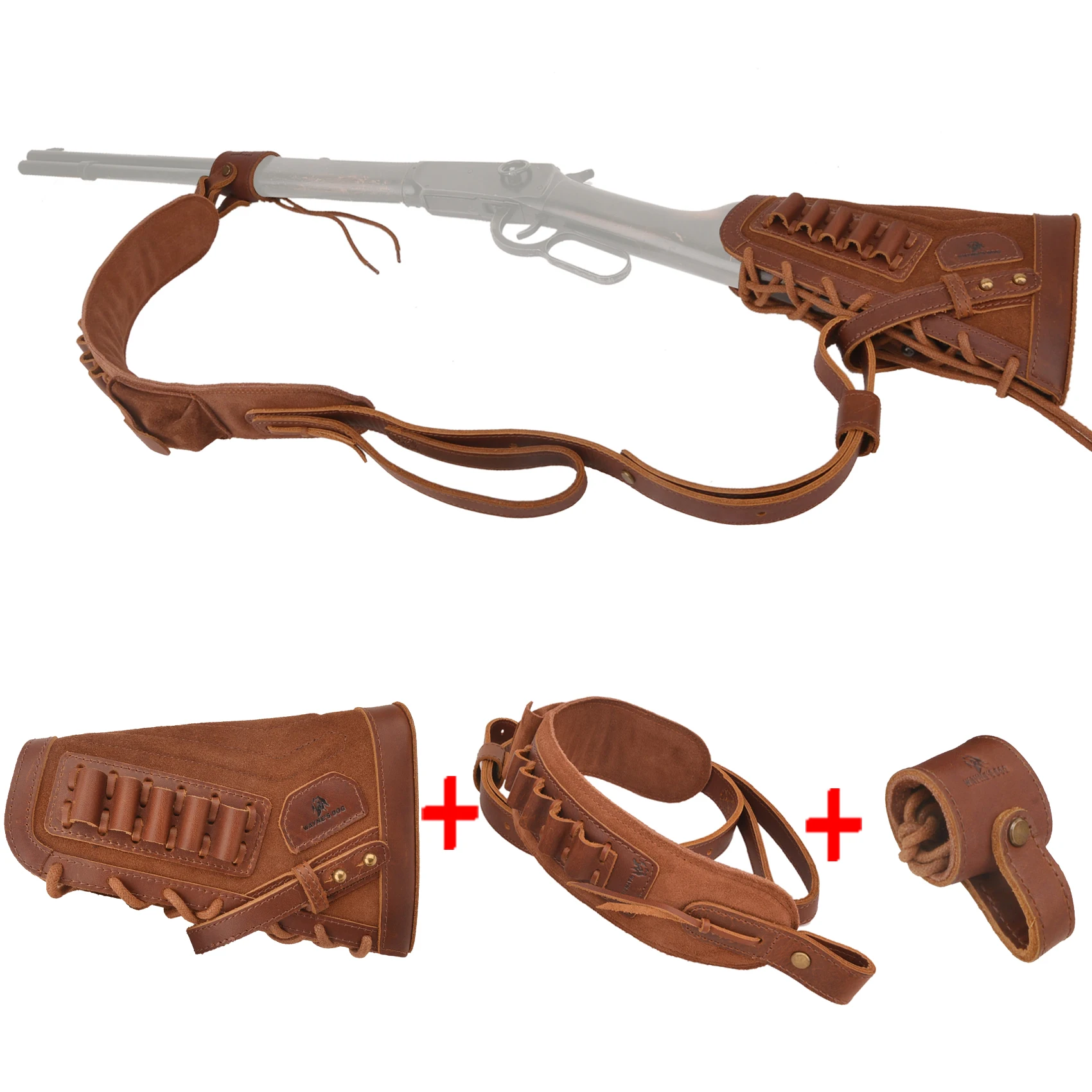 Leather Gun Buttstock Shell Holder with Matched Rifle Sling for .357, .30-30, .38 , Non-Swivels Need, No Drill Your Gun