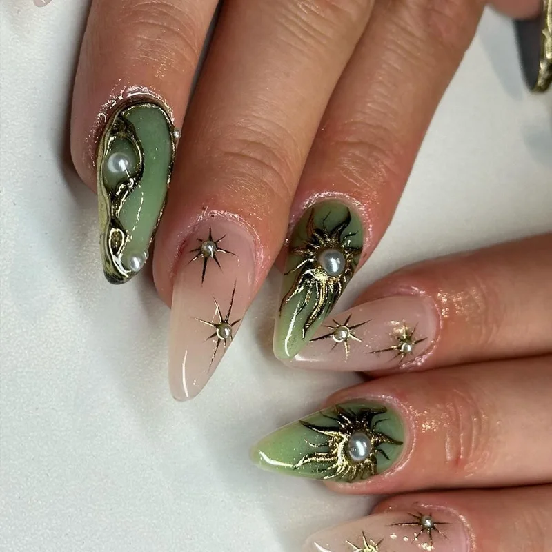 

24Pcs Mid-length Almond Press on False Nails Sun Totem Gilding Design Full Cover Nails Tips Pearl Detachable Finished Fake Nails