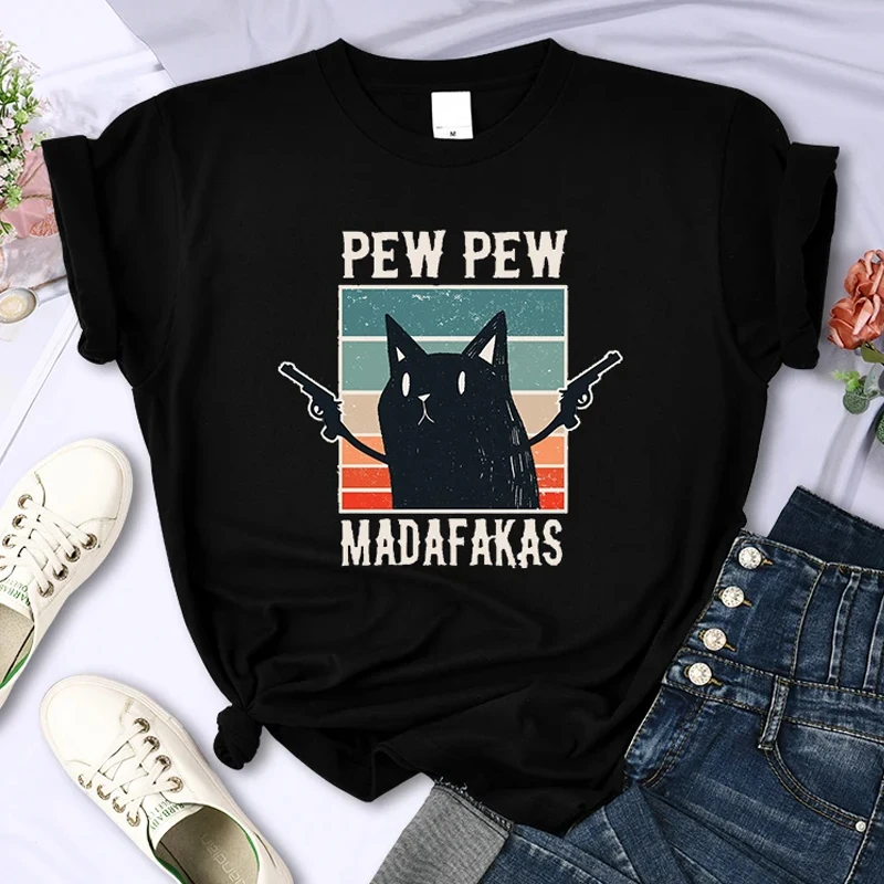 Pew Pew Madafakas T-shirt Fashionable Cute Cartoon Cat Print Loose Casual Summer Women\'s Short-sleeved T-shirt