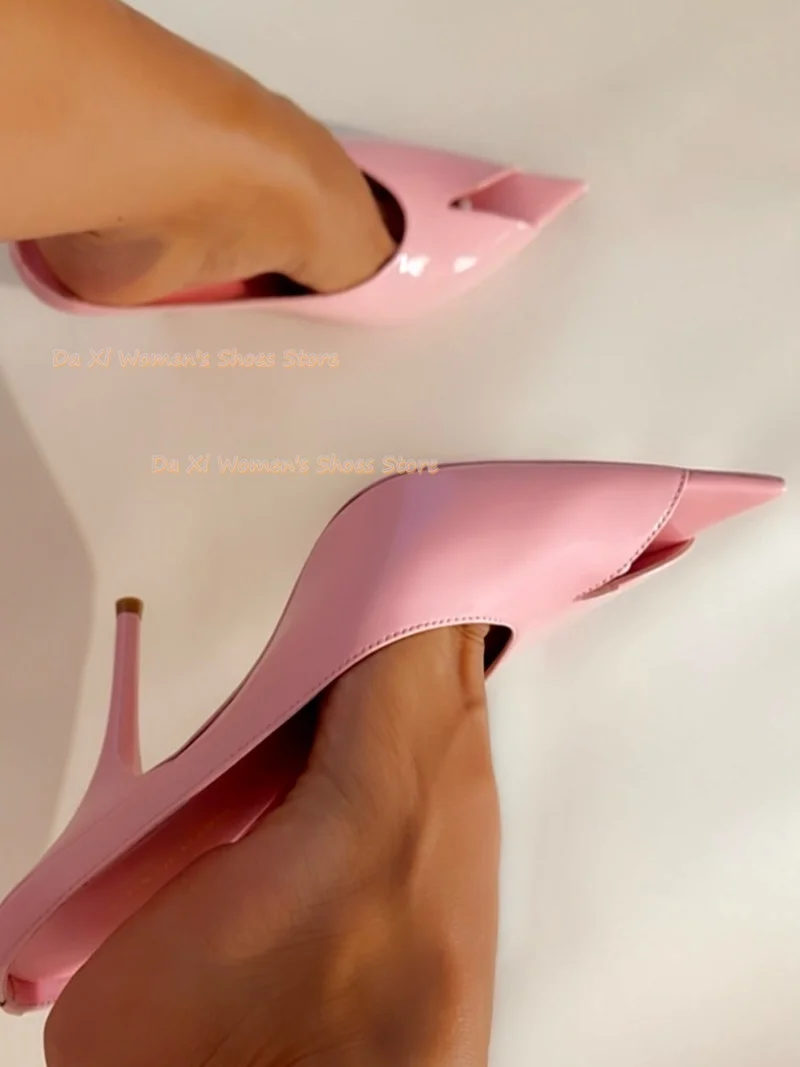 Pink Patent Leather Pointed V-neck Slippers Slippers Backless Stilettos Women's Wedding Shoes Manual Luxury High Heels New 2026