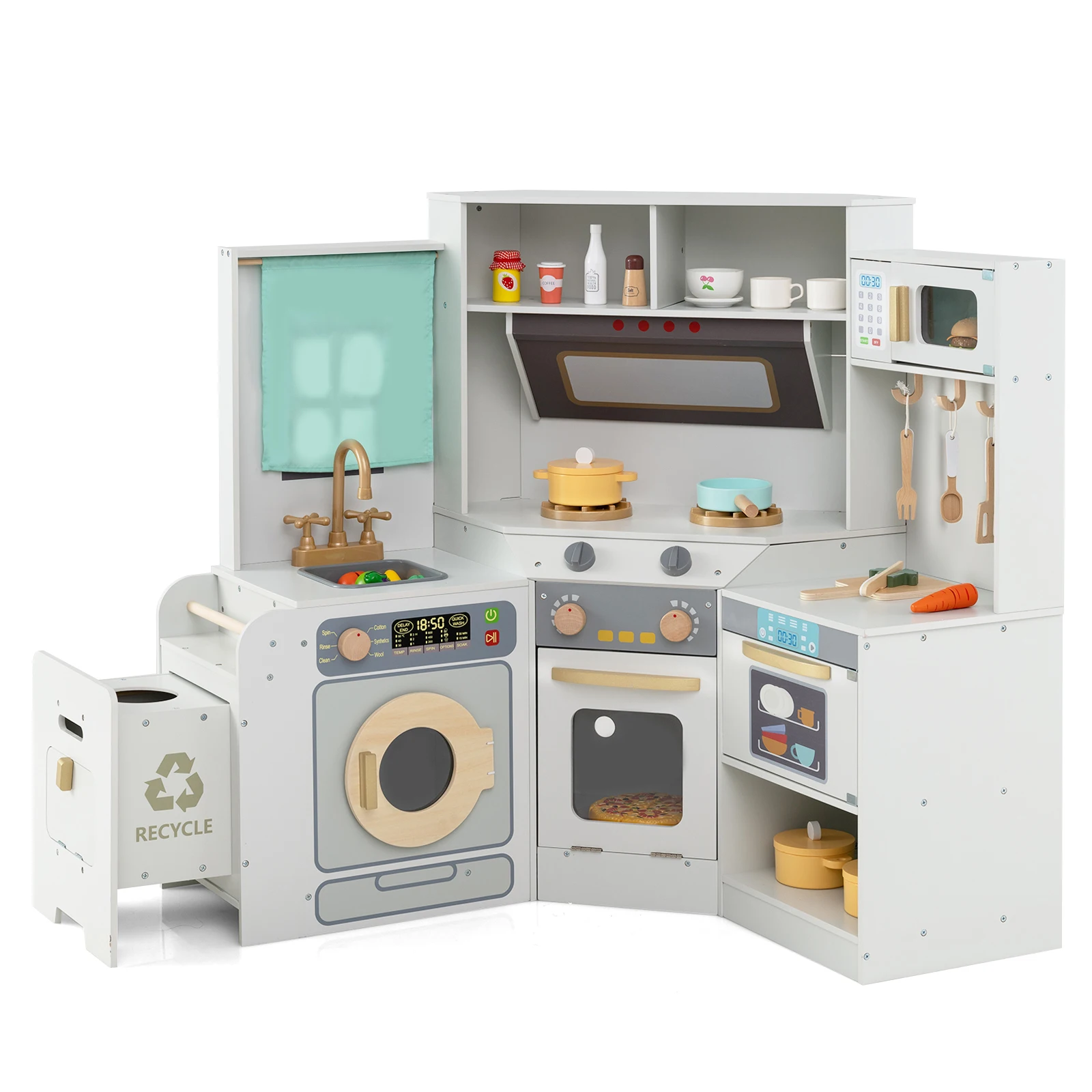 Cocina infantil con accesorios de cocina, cocina de esquina con luz y sonido, cocina de madera con contenedor extraíble