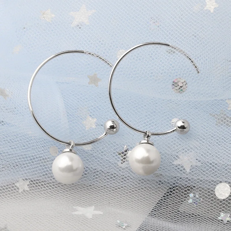 MEETSOFT 925 Silver Cute Geometric Half Round Pearl Hoop Earrings for Fashion Women Fine Jewelry Minimalist Accessories