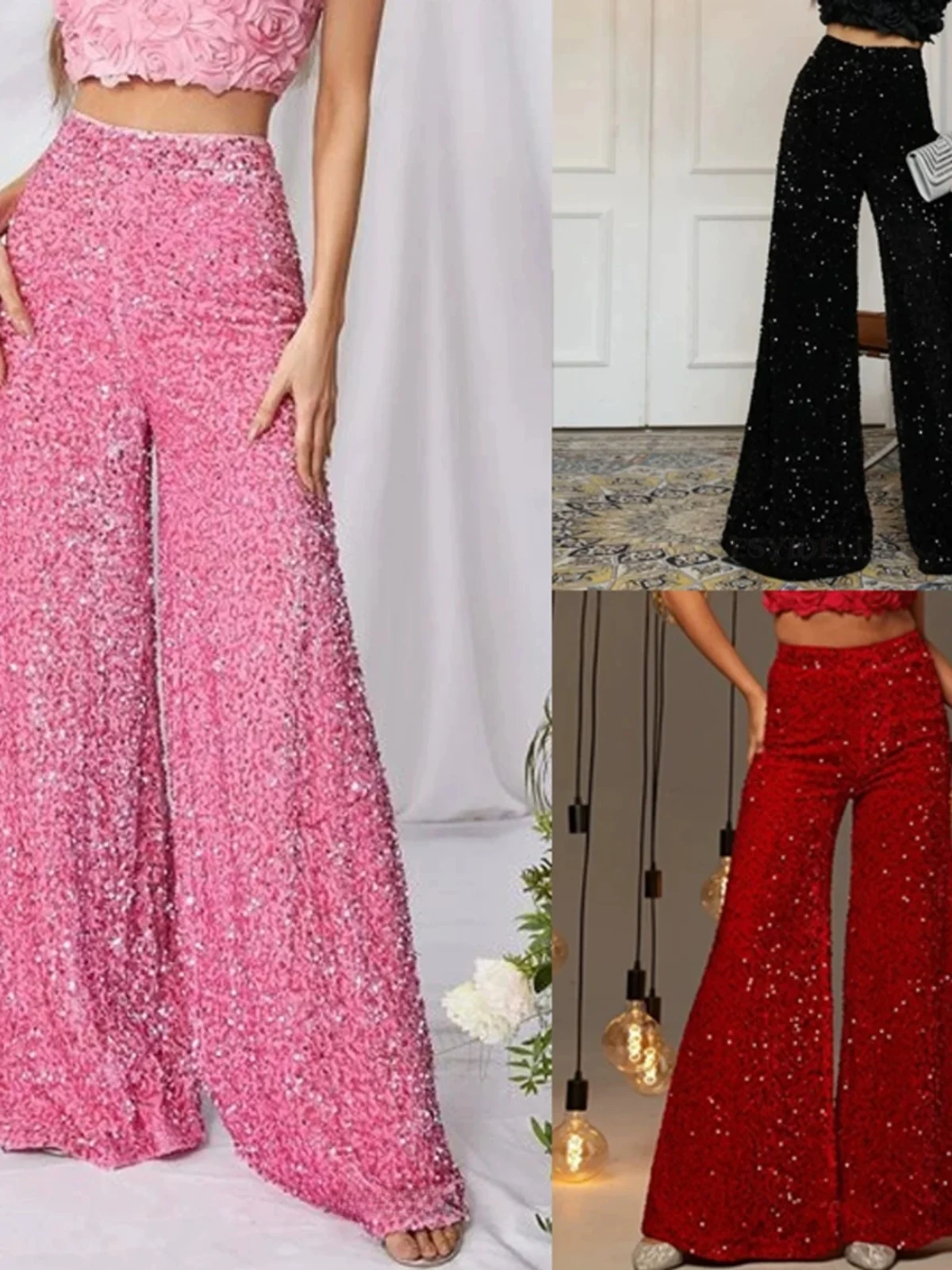 

High Waist iny Sequin Wide Leg Casual Faionable Trousers Street Sle Polyester Fiber Long Pants Women's Premium Clothing