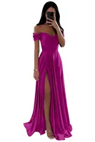 Hot Pink Satin Evening Dress Women Floor Lrngth Off The Shoulder Split Bridal Formal Long Ball Gowns Trend Pageant Dress