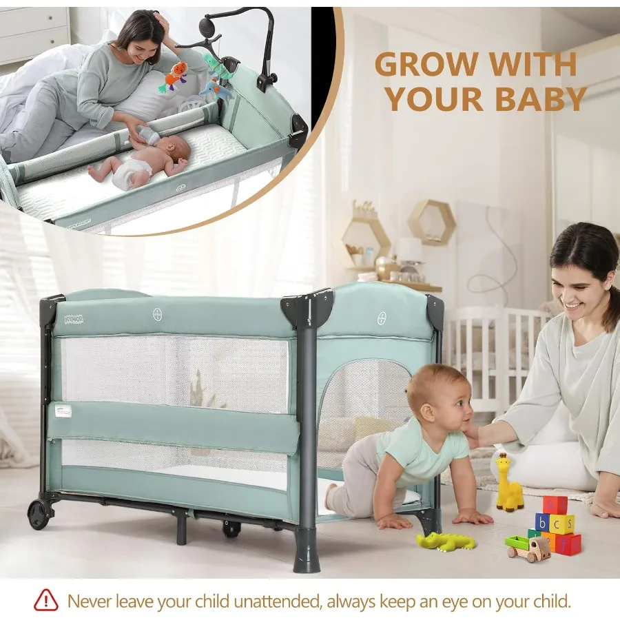 3 في 1 سرير أطفال بجانب السرير مع مرتبة وورقة تحويل إلى روضة أطفال قابلة للطي للسفر مع #5