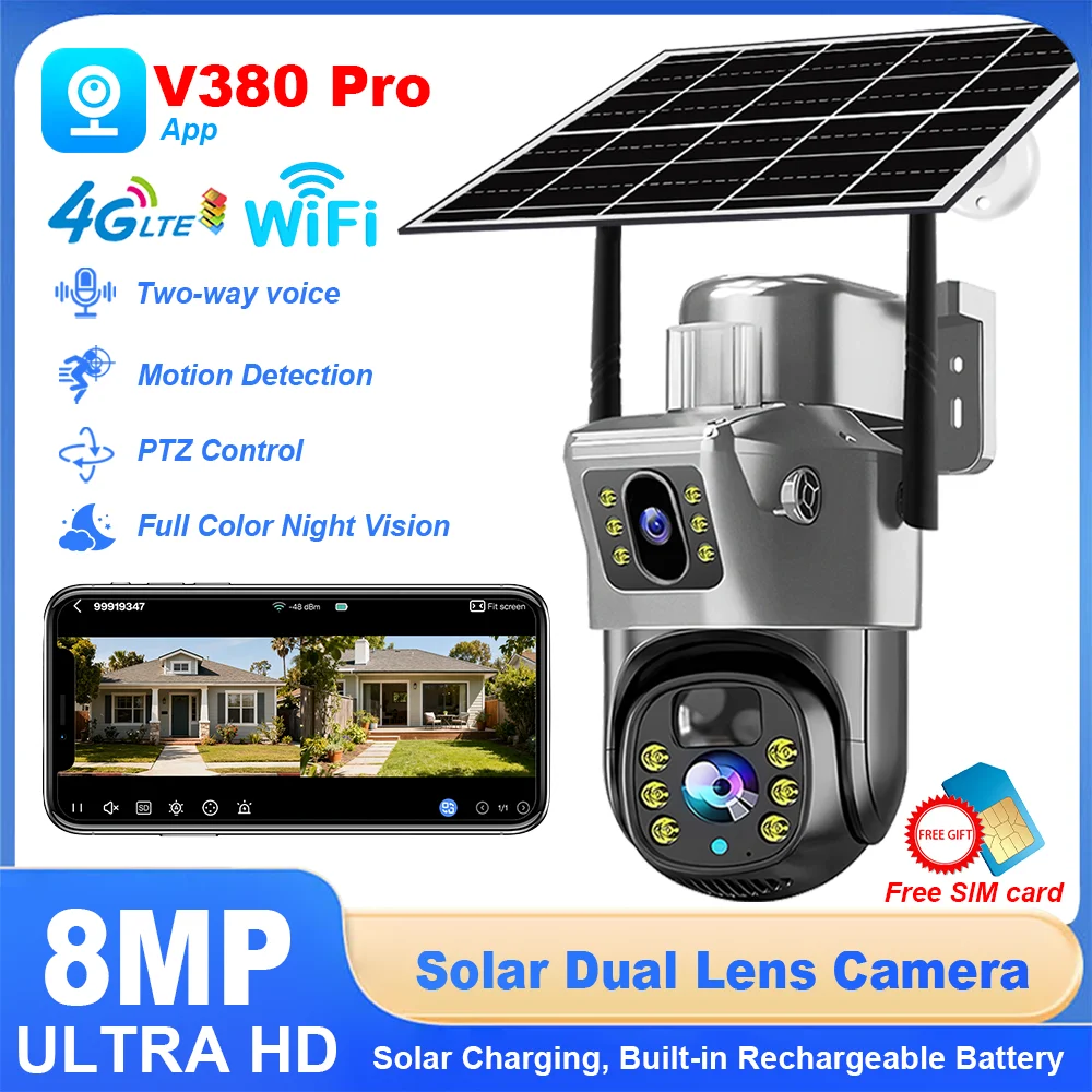 

4G Solar Surveillance Camera Wireless Dual Lens Motion Detection Full-Color Night Vision Solar Camera WiFi Outdoor V380 Pro