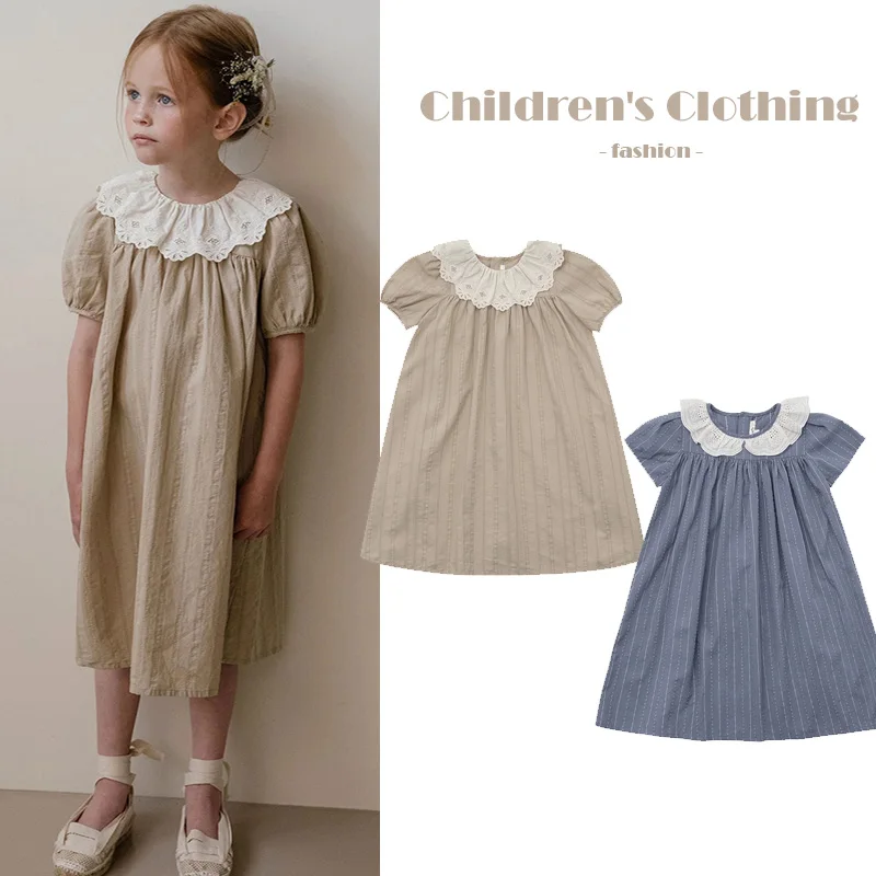 INS Casual Cotton Girl Dress 2024 New Summer Cute Doll Collar Girl Princess Dress Soft Girl Clothes Boutique Children's Clothing