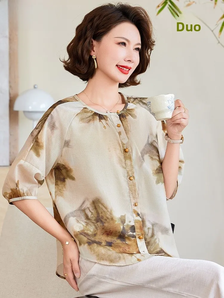 

Ele Mom Summer Faionable irts Chiffon Ele Aosphere Set New 2025 Mid-Aged Spring Summer irt Top Women