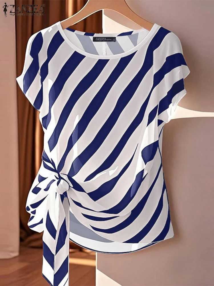 

ZANZEA 2022, летние полосатые блузки, модные женские топы, элегантная офисная рубашка с коротким рукавом, повседневная праздничная туника с круглым вырезом, Blusas
